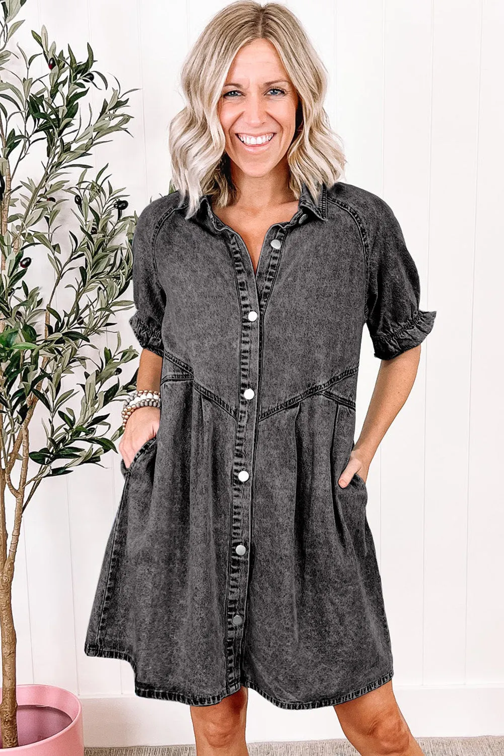 Women's Mineral Wash Ruffled Short Sleeve Buttoned Denim Dress