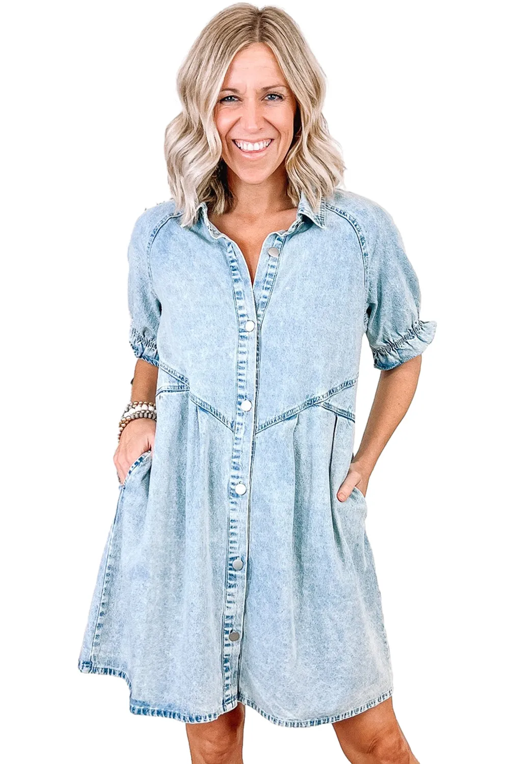 Women's Mineral Wash Ruffled Short Sleeve Buttoned Denim Dress