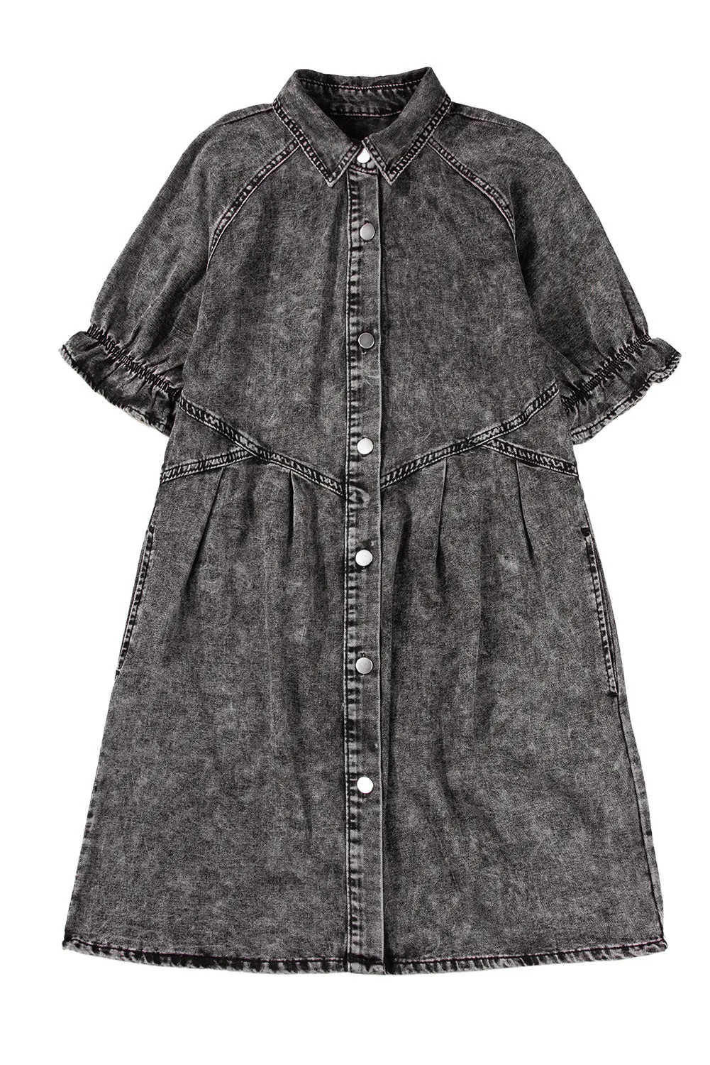 Women's Mineral Wash Ruffled Short Sleeve Buttoned Denim Dress